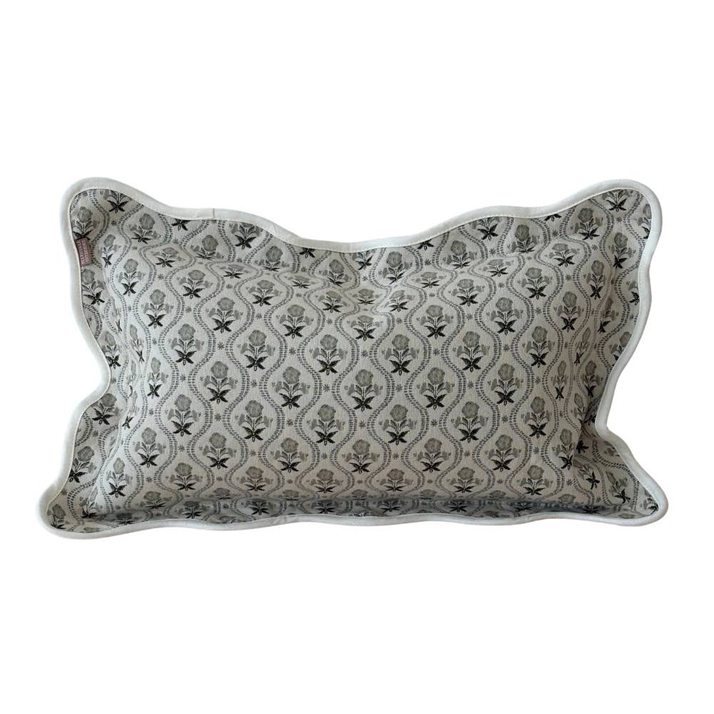 Chloe Sage Green Floral Print Scalloped Edge Cushion 50x30