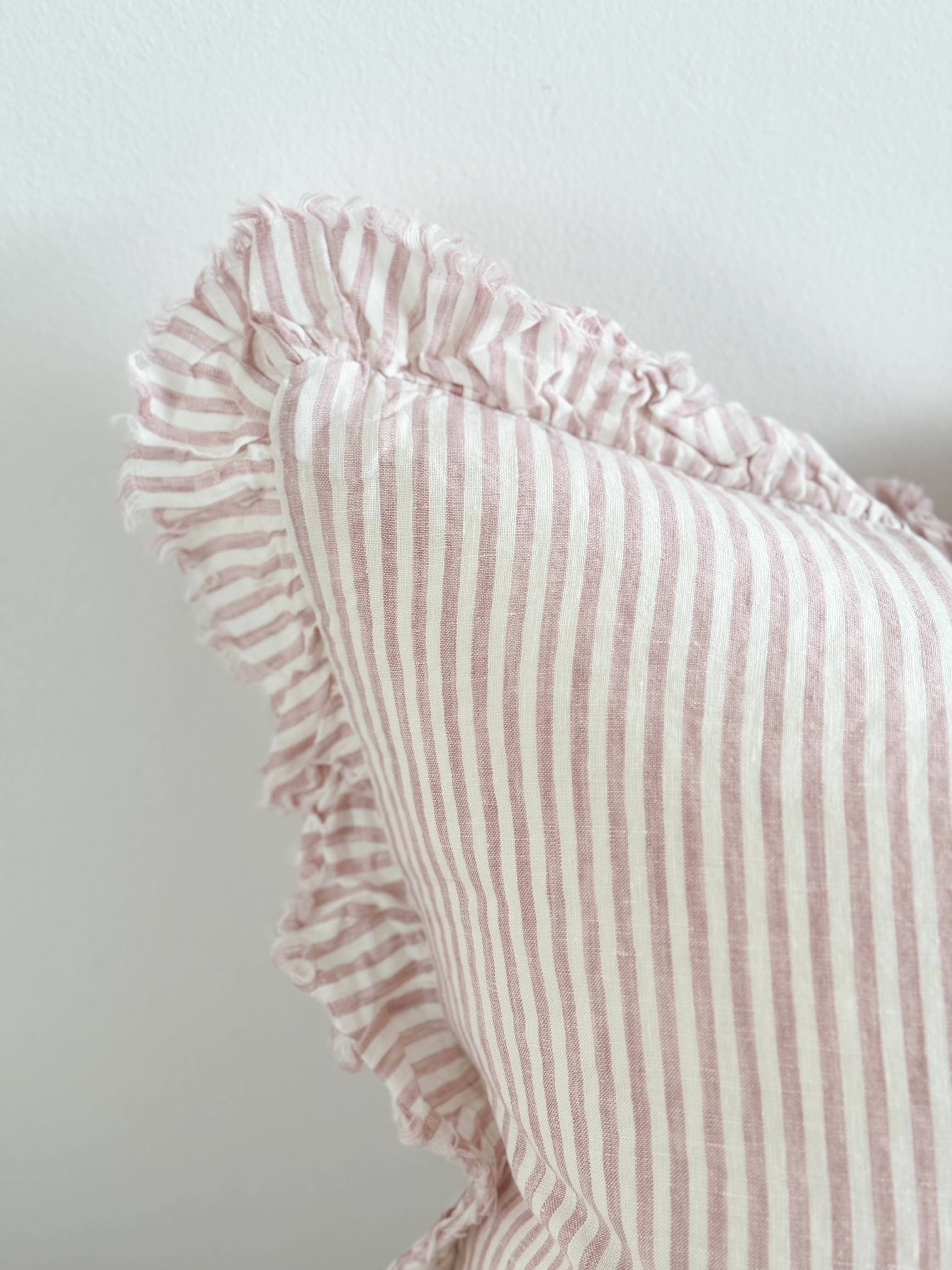 Hallie Light Pink Stripe Ruffled Linen Cushion Cover 45x45