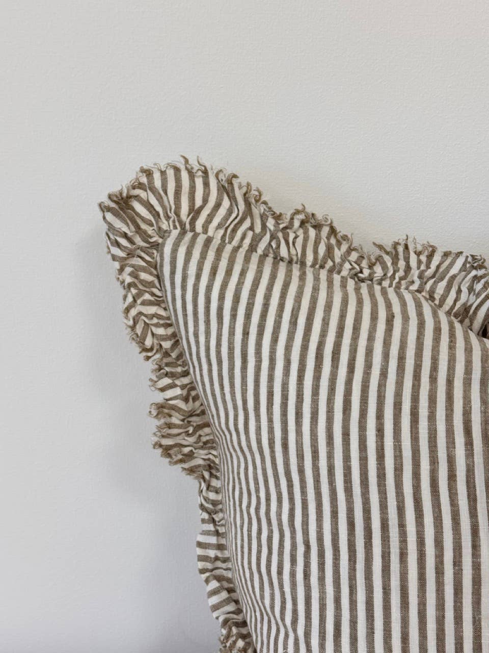 Olive Stripe Hallie Ruffled Linen Cushion Cover 53x53