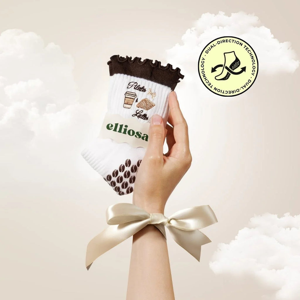 Elliosa White & Brown Pilates & Lattes Grip Socks