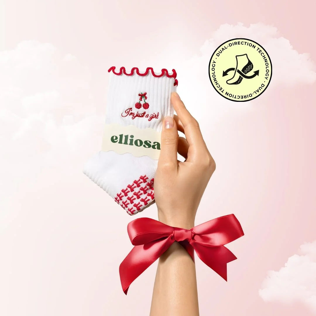 Elliosa Cream & Red I'm Just A Girl Pilates Grip Socks